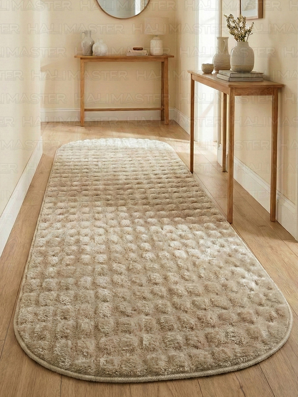 Bej Tavşan Tüyü Peluş Halı - Özel Ölçü Kaymaz Tabanlı 3D Kabartmalı Kesme Halı