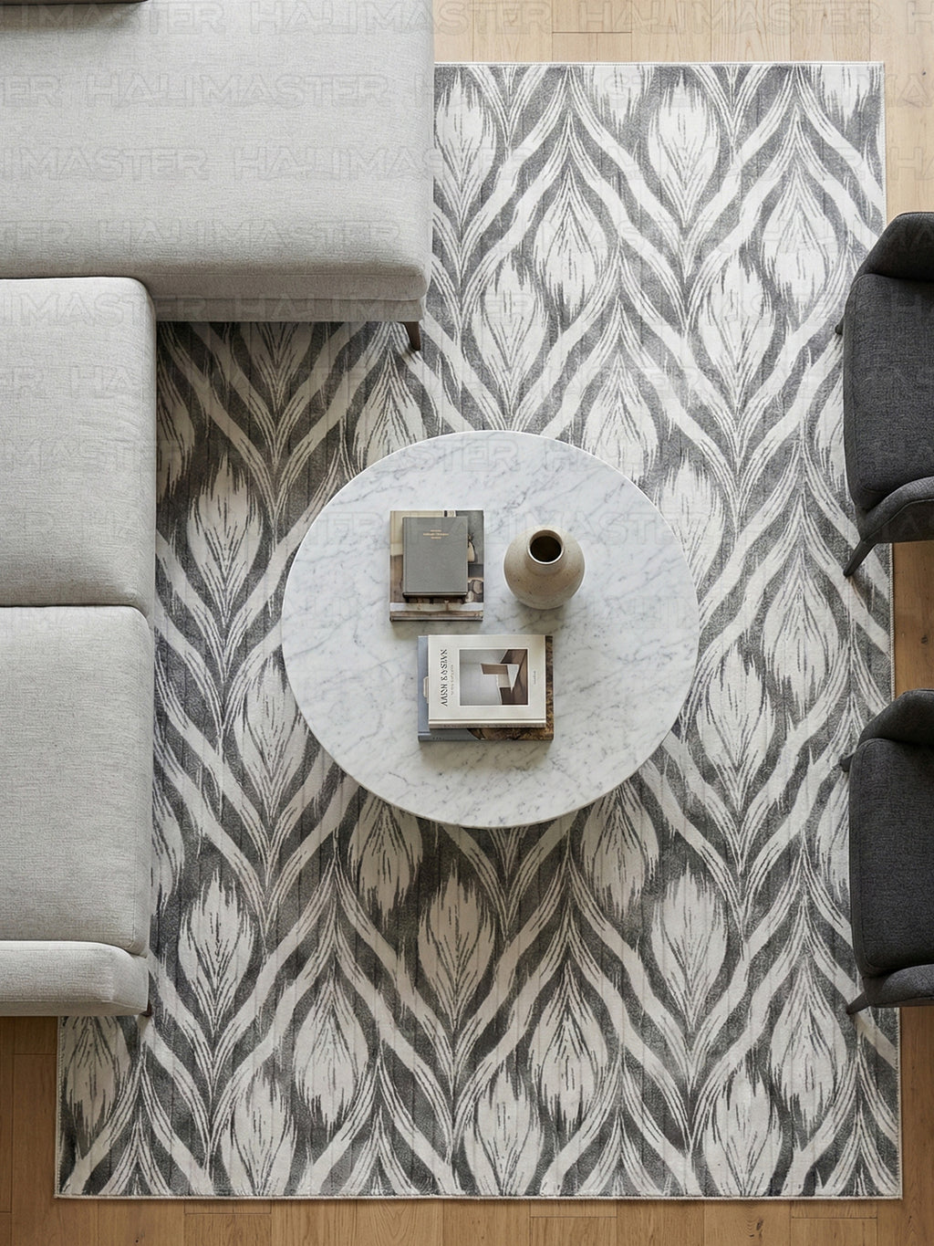 Dinarsu Antrasit Gri Modern Yaprak Desenli Kaymaz Taban Halı - Özel Ölçü