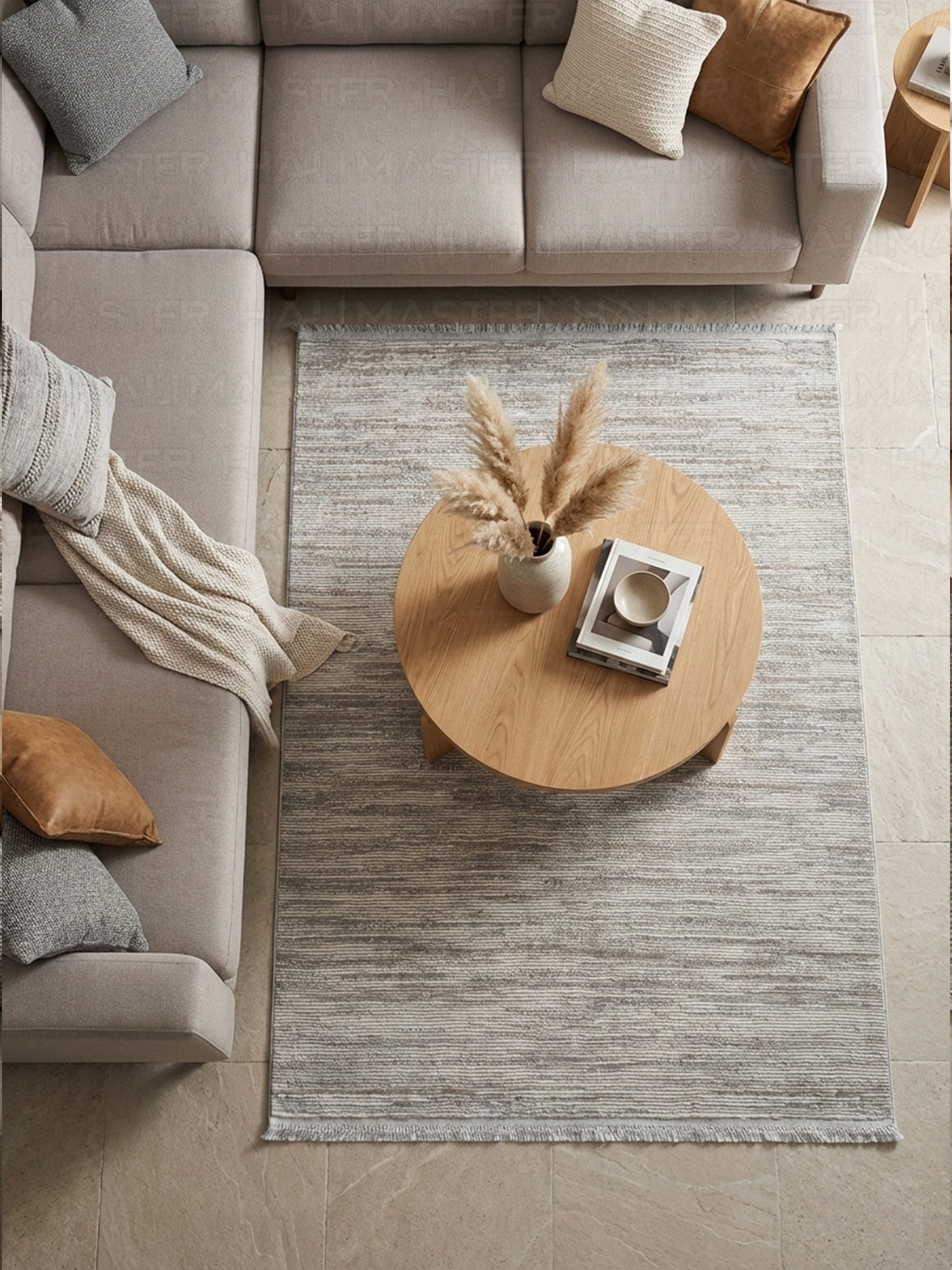 Modern Lineer Desenli Gri Vizon Halı - İskandinav Tarzı Saçaklı Salon Halısı