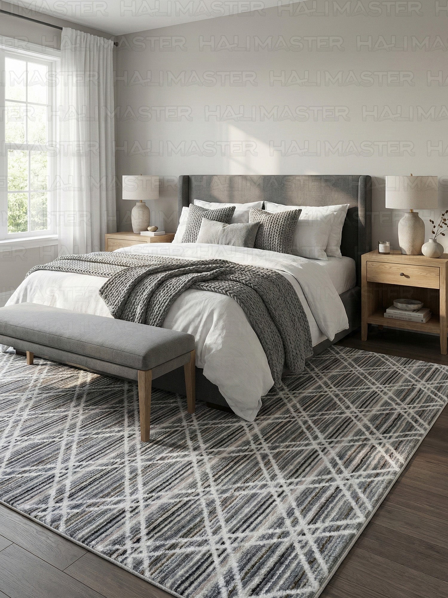 Bambu Minimal Geometrik Desen Gri Tonlu Kaymaz Taban Özel Ölçü Halı