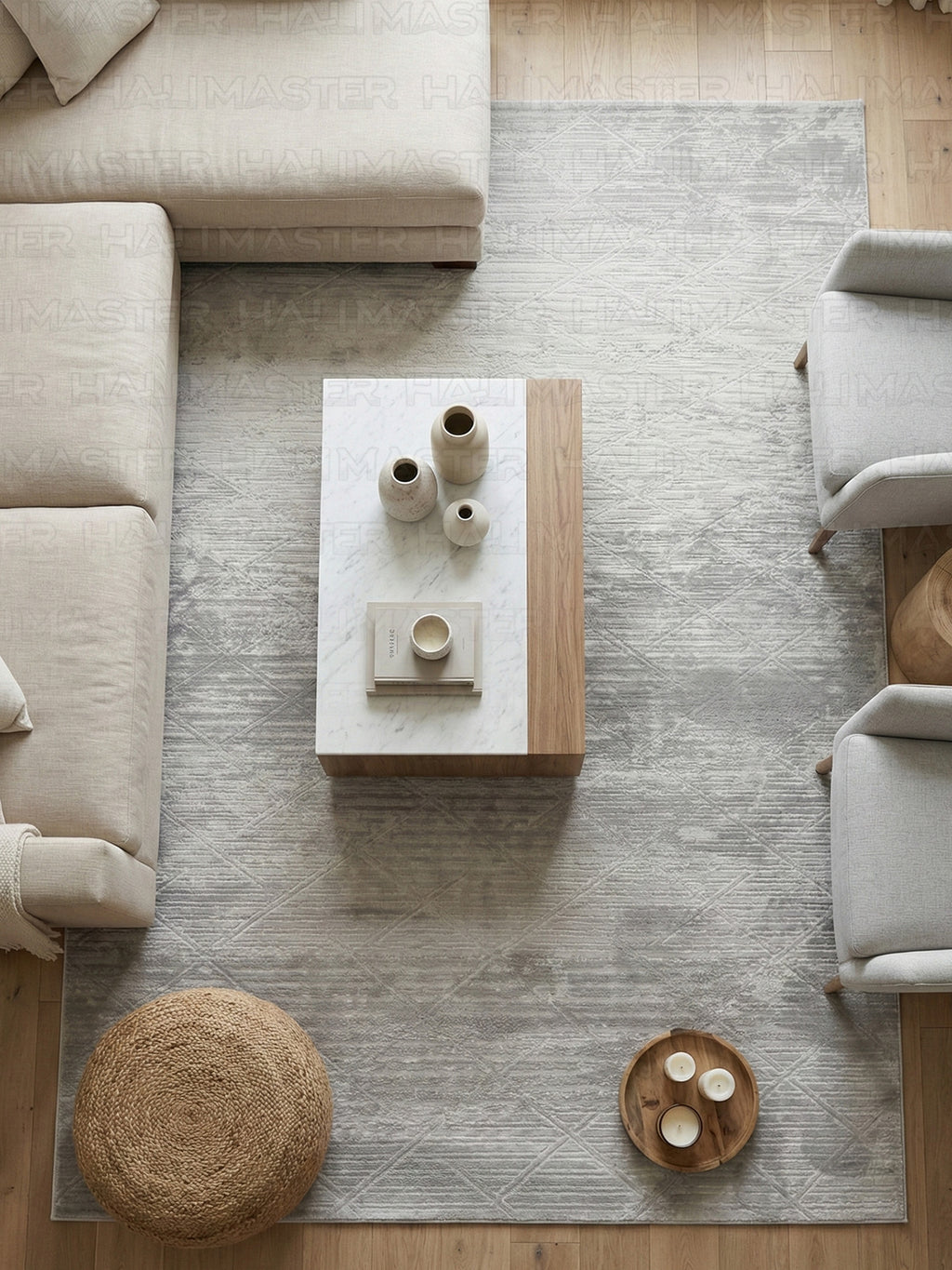 Bambu Gri Modern Geometrik Kaymaz Taban Özel Ölçü Kesilebilir Halı Yolluk