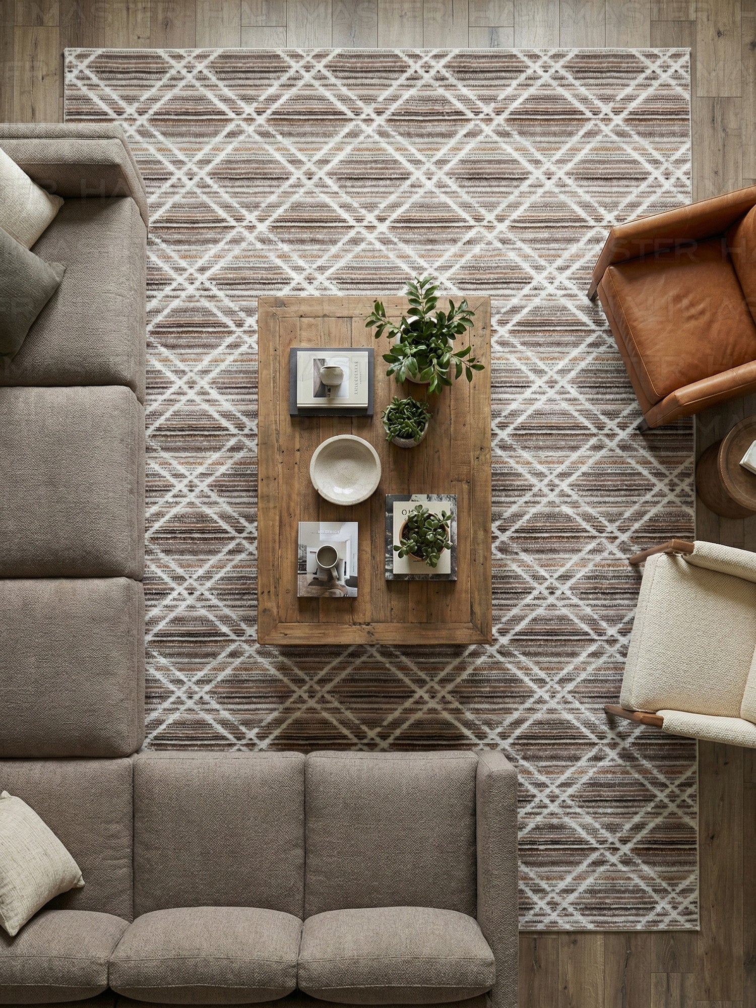 Bambu Modern Geometrik Desenli Kaymaz Taban Özel Ölçü Kesme Halı - Kahve/Vizon