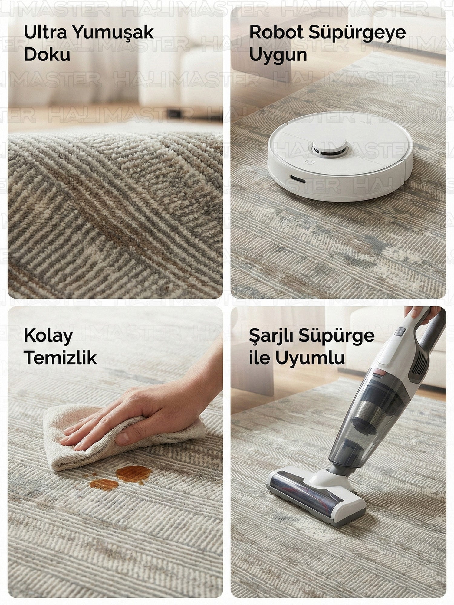 Vizon Gri Çizgili Modern Halı - Eskitme Desenli Salon Halısı