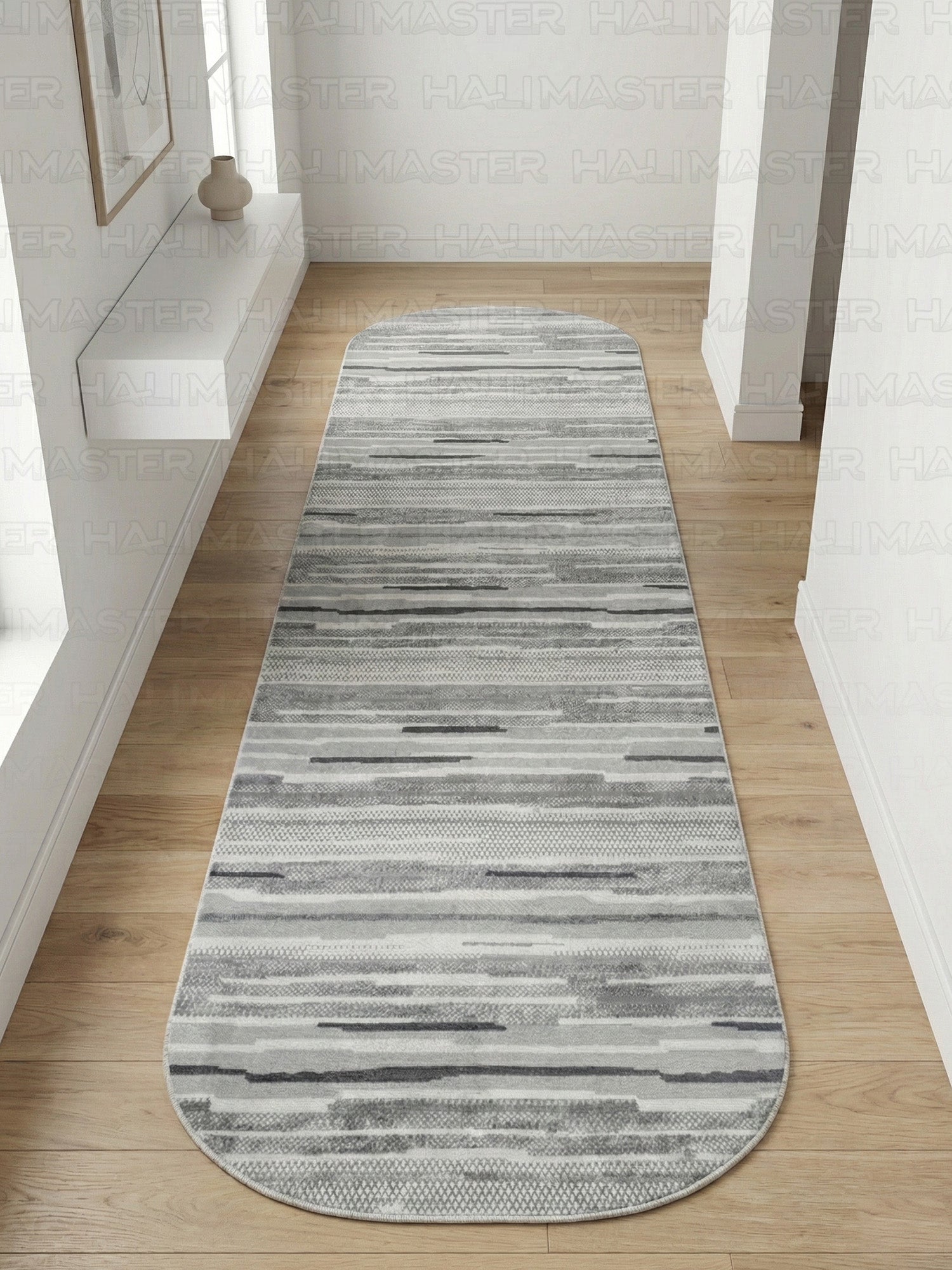 Bambu İskandinav Stil Gri Desenli Kaymaz Tabanlı Dekoratif Yolluk - Özel Kesim Kesme Halı