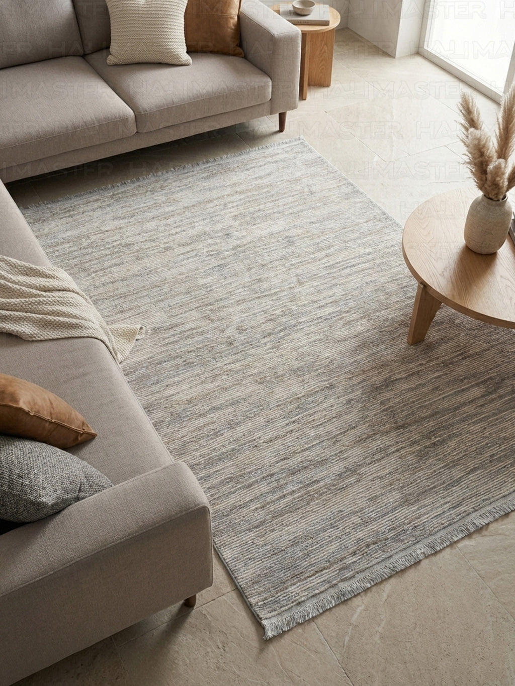 Modern Lineer Desenli Gri Vizon Halı - İskandinav Tarzı Saçaklı Salon Halısı