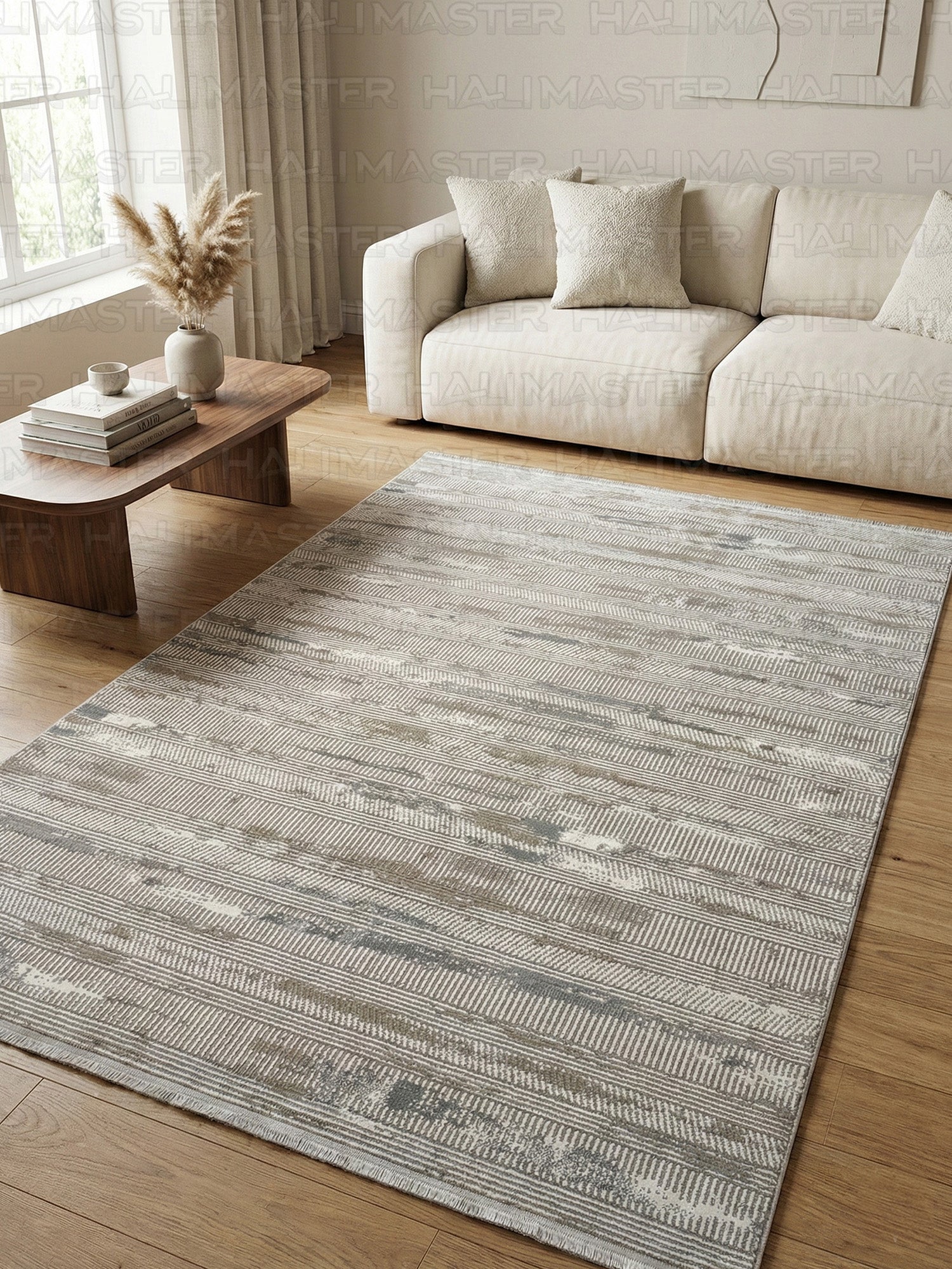 Vizon Gri Çizgili Modern Halı - Eskitme Desenli Salon Halısı