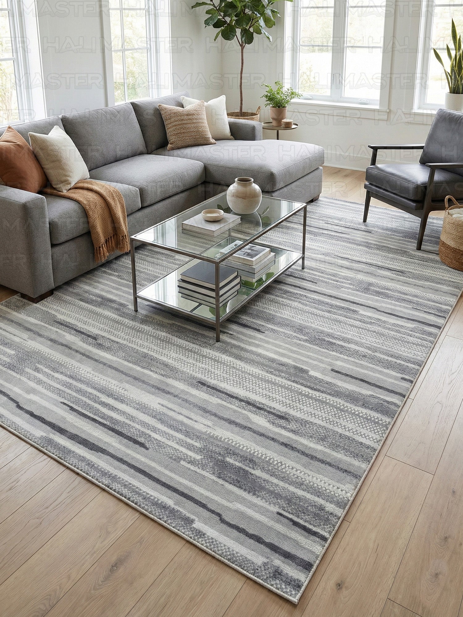 Bambu İskandinav Stil Gri Desenli Kaymaz Tabanlı Dekoratif Yolluk - Özel Kesim Kesme Halı