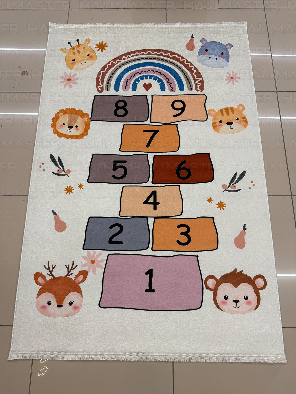 Bohem Hayvan Figürlü Seksek Desenli Eğitici Çocuk ve Bebek Odası Halısı - Pastel Tonlar