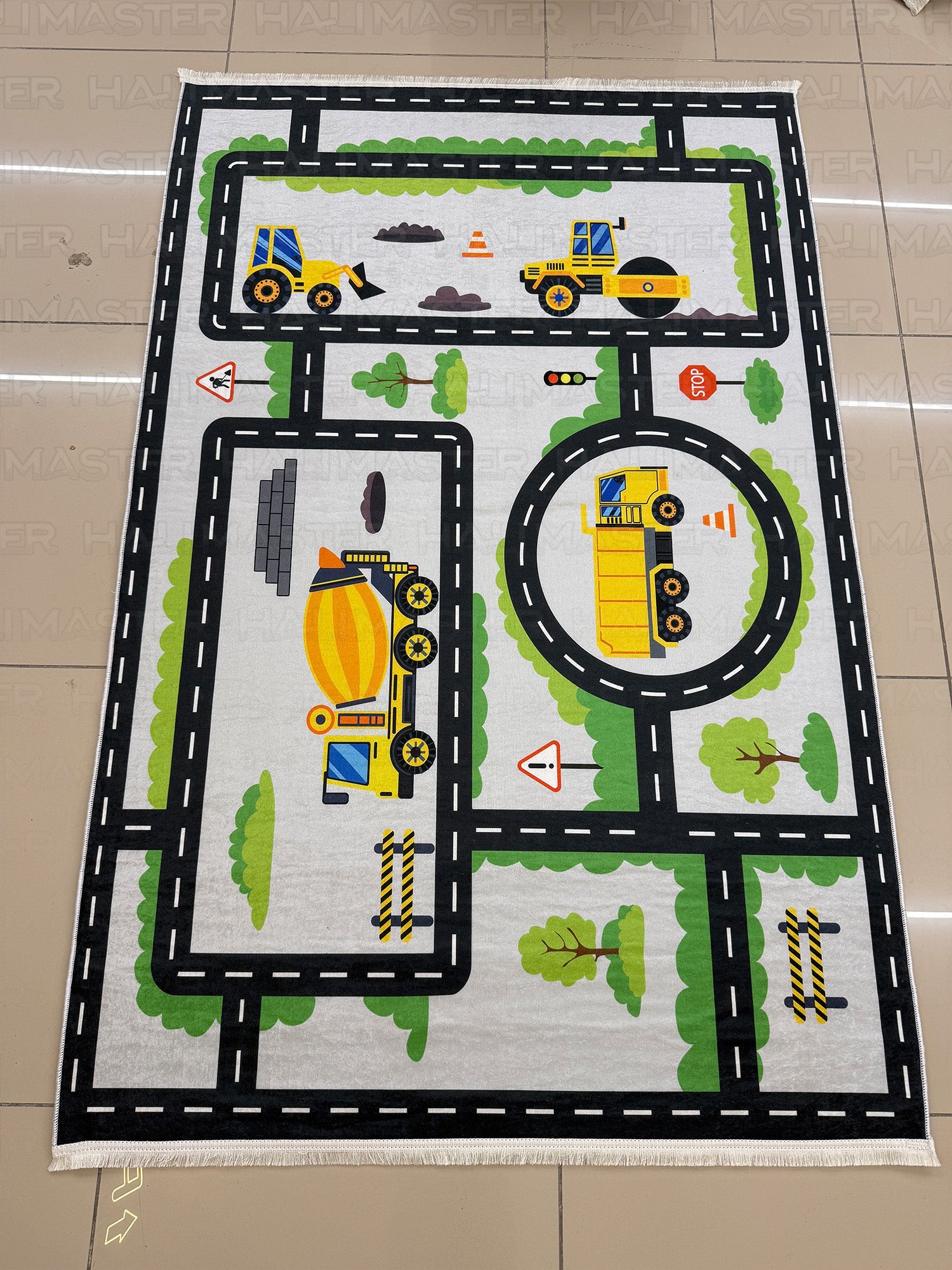 İnşaat Araçları ve Yol Desenli Çocuk Oyun Halısı - Kaymaz Tabanlı Eğitici Halı