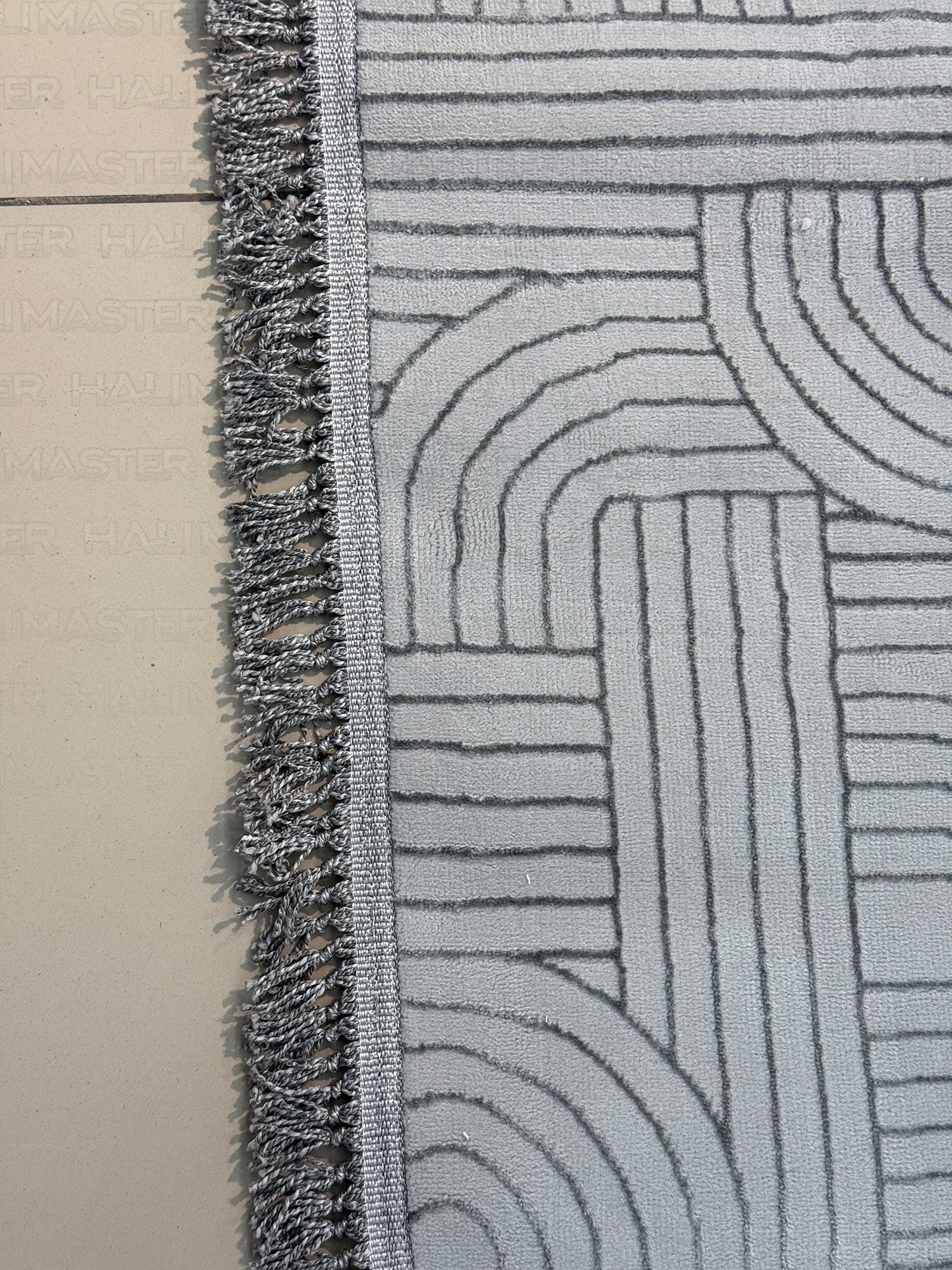 Bohem Tarz Gri Oval Salon Halısı - Püsküllü Modern Labirent Desenli