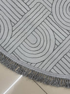 Bohem Tarz Gri Oval Salon Halısı - Püsküllü Modern Labirent Desenli