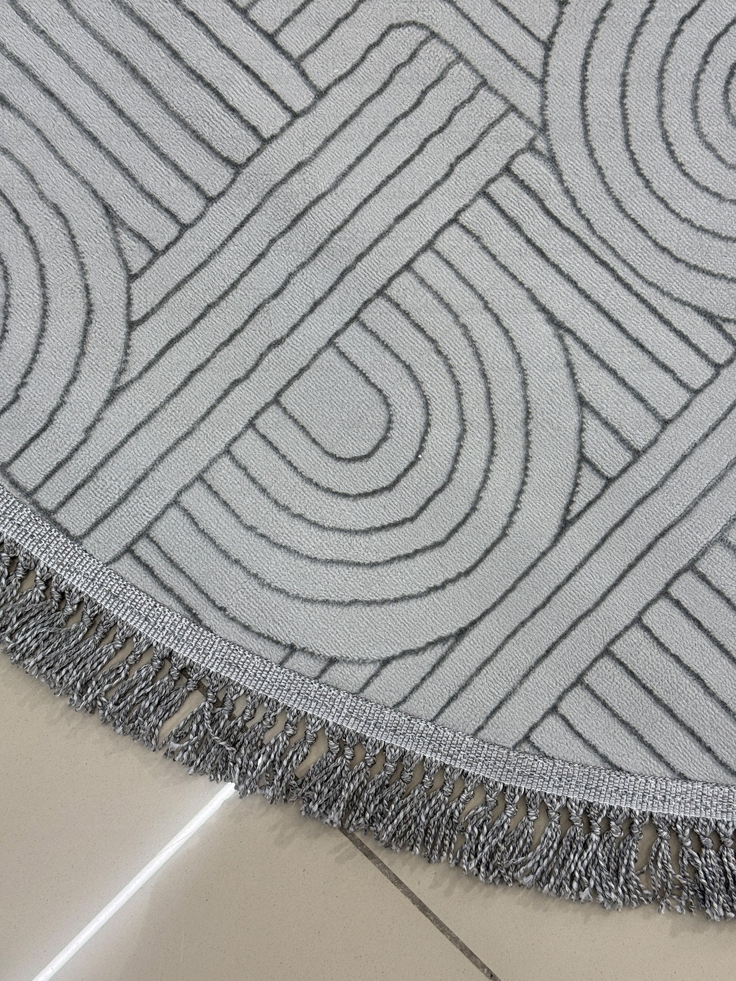 Bohem Tarz Gri Oval Salon Halısı - Püsküllü Modern Labirent Desenli