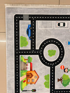 Eğitici Şehir ve Trafik Temalı Çocuk Oyun Halısı - Kaymaz Tabanlı, 3D Görünümlü Yol Desenli Bebek Odası Halısı