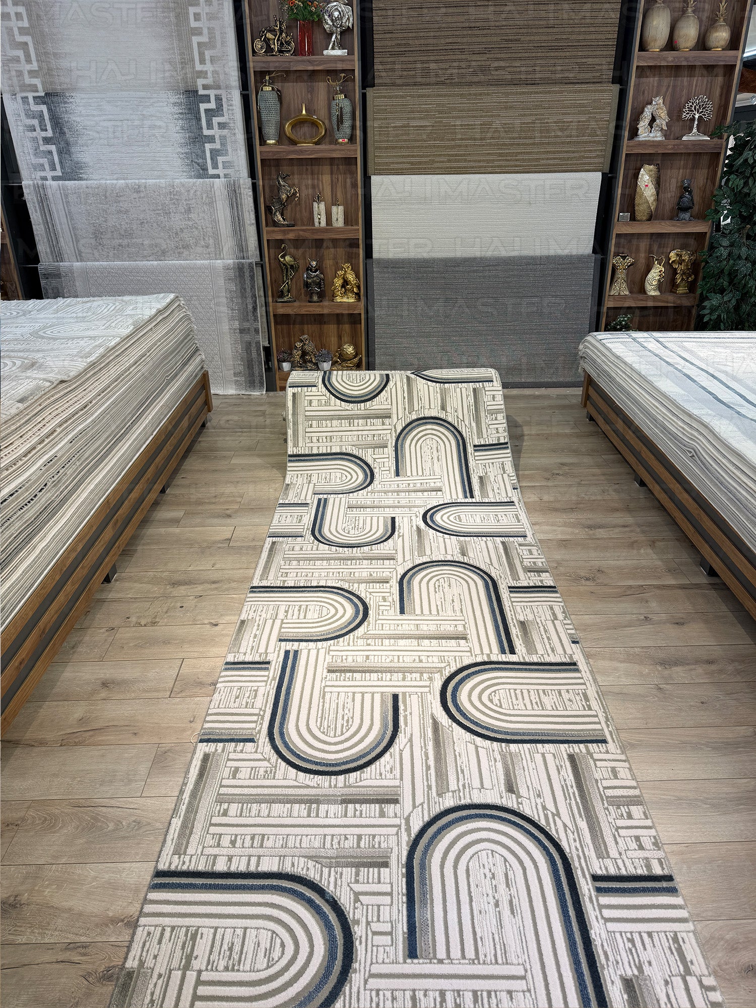 Neva Modern Yay Desenli Özel Ölçü Halı - Gri - Lacivert Vizon Tonlarında Geometrik Tasarım