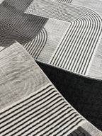 Jel Modern Geometrik Desenli Gri Siyah Özel Ölçü Kesilebilir Kesme Halı