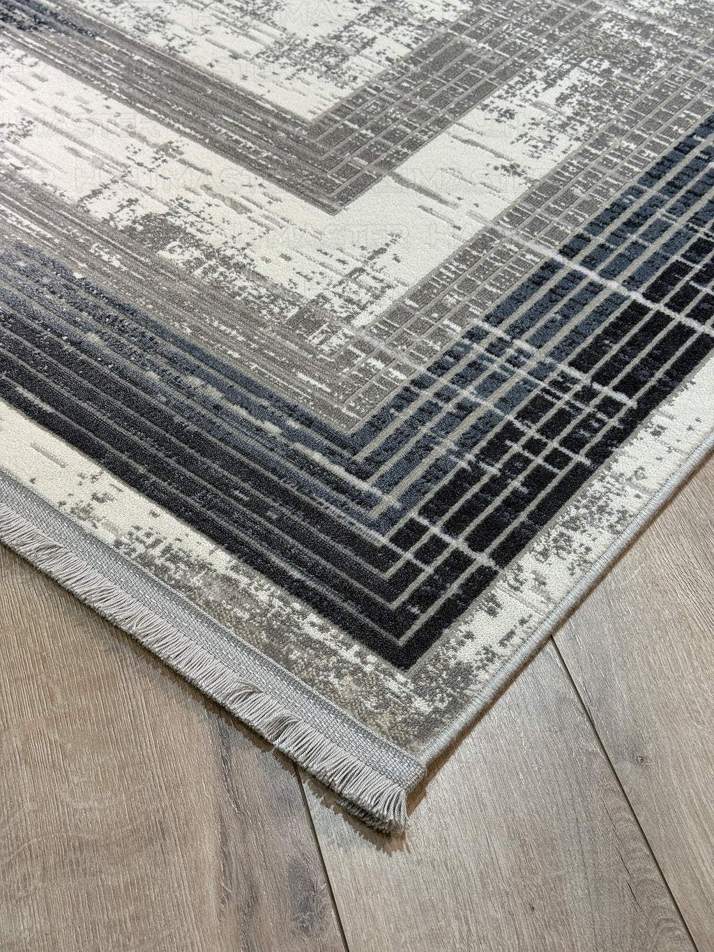 Modern Geometrik Desenli Gri Lacivert Salon Halısı - Soyut Tasarım Antrasit Halı