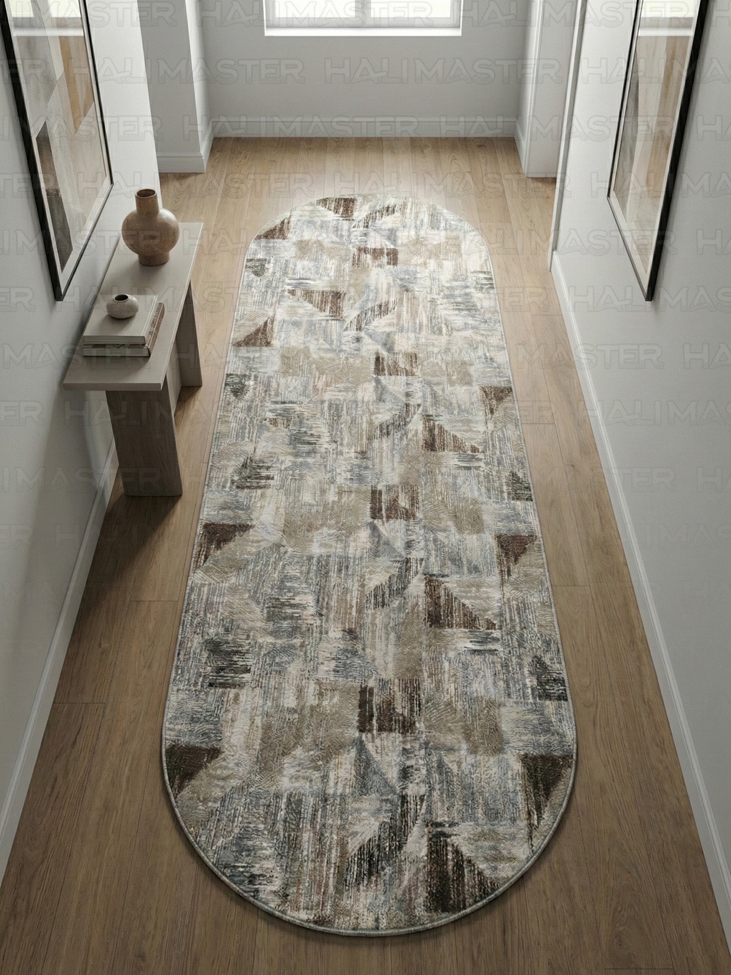 Dinarsu Soyut Üçgen Desenli İskandinav Tarzı Bej Antrasit Halı - Kaymaz Taban Özel Ölçü