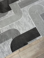 Jel Modern Geometrik Desenli Gri Siyah Özel Ölçü Kesilebilir Kesme Halı