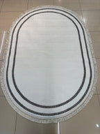 Beyaz Oval Grek Desenli Modern Halı - Püsküllü Antre ve Salon Halısı