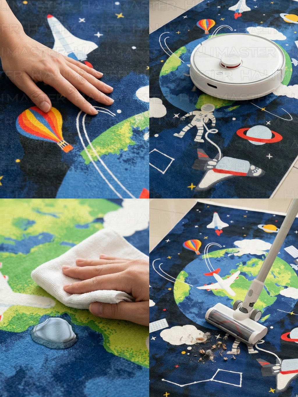 Uzay ve Dünya Temalı Çocuk Odası Halısı - Astronot ve Gezegen Desenli Kaymaz Taban Genç Odası Halısı