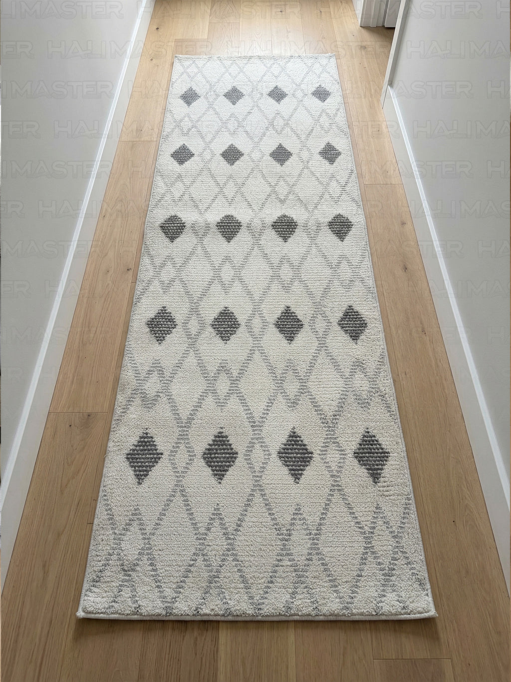 Dekoratif Modern Geometrik Desenli Yolluk - Gri Krem Baklava Desenli Halı - Özel Ölçü