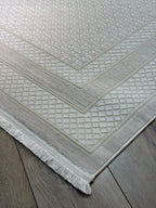 Modern Geometrik Desenli Saçaklı Salon Halısı - Ekru / Krem