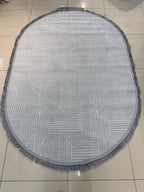 Bohem Tarz Gri Oval Salon Halısı - Beyaz Çizgili Püsküllü Modern Labirent Desenli