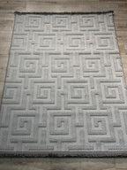 Dekoratif Gri Geometrik Desenli Kabartmalı Modern Halı - Saçaklı ve Özel Ölçü