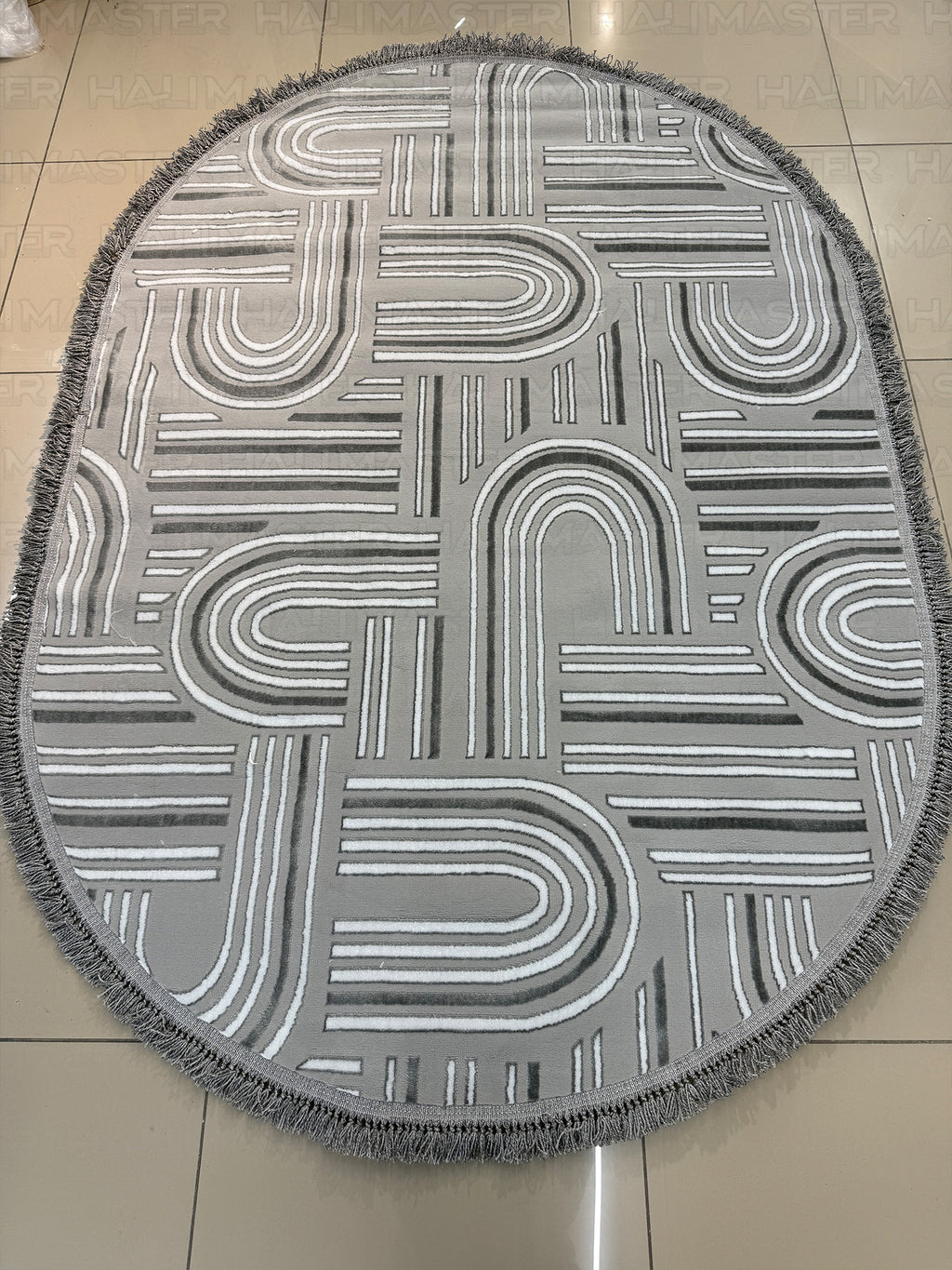 Premium Koleksiyon Geometrik Motifli Oval Halı - Gri Melanj Dokulu