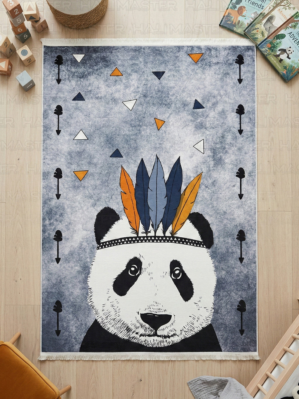 Kızılderili Panda Figürlü Modern Çocuk Odası Halısı - Antialerjik & Kaymaz Taban