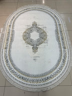Oval Saçaklı Klasik Desenli Halı - Beyaz Gri ve Gold  Eskitme Detaylı Salon Halısı