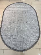 Bohem Tarz Gri Oval Salon Halısı - Püsküllü Modern Labirent Desenli