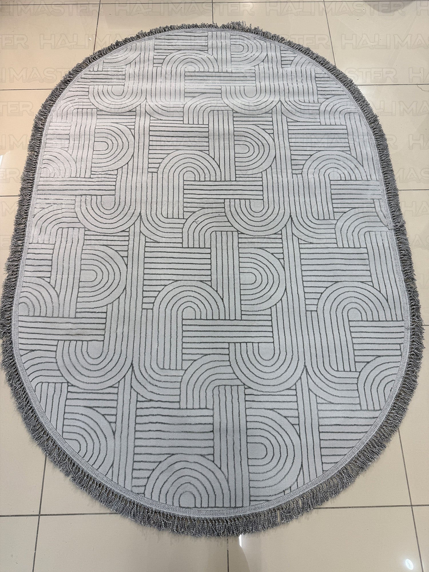 Bohem Tarz Gri Oval Salon Halısı - Püsküllü Modern Labirent Desenli