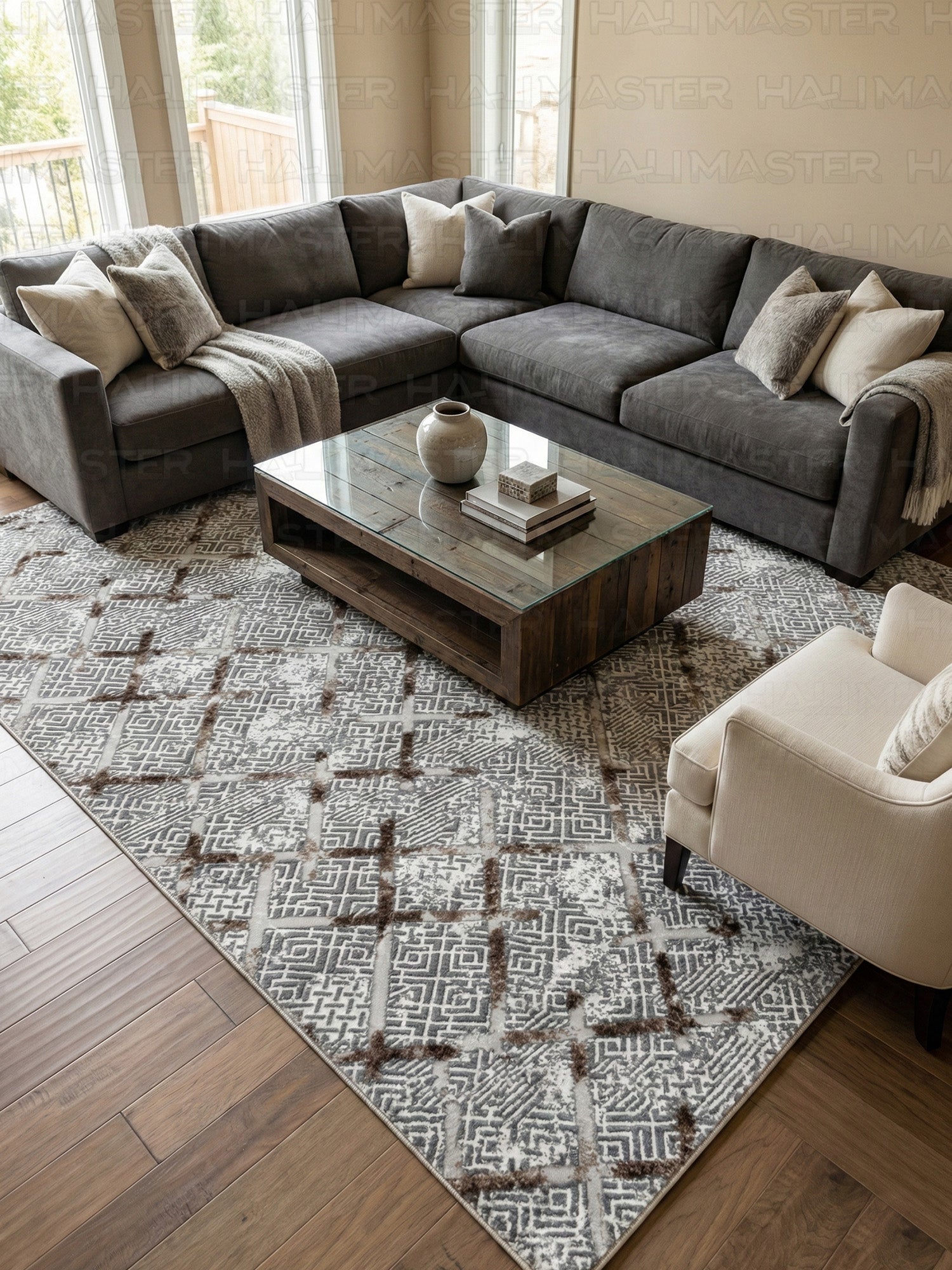 Modern Geometrik Desenli Eskitme Halı - 4m² (160x230) Antrasit Krem Salon Halısı