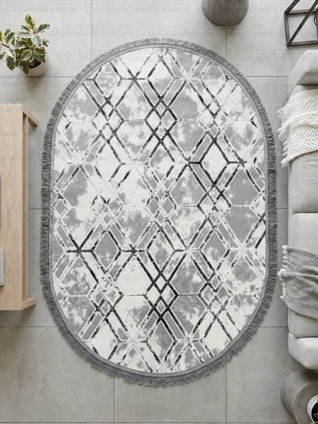 Antrasit Çizgili Geometrik Desenli Oval Halı