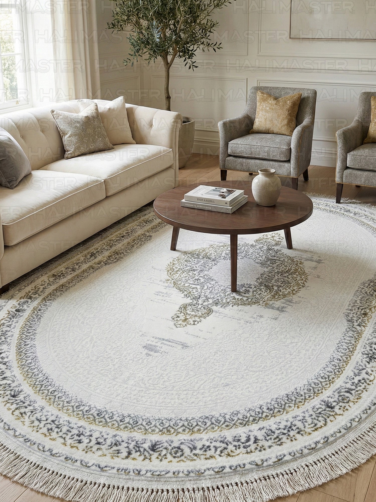 Oval Saçaklı Klasik Desenli Halı - Beyaz Gri ve Gold  Eskitme Detaylı Salon Halısı