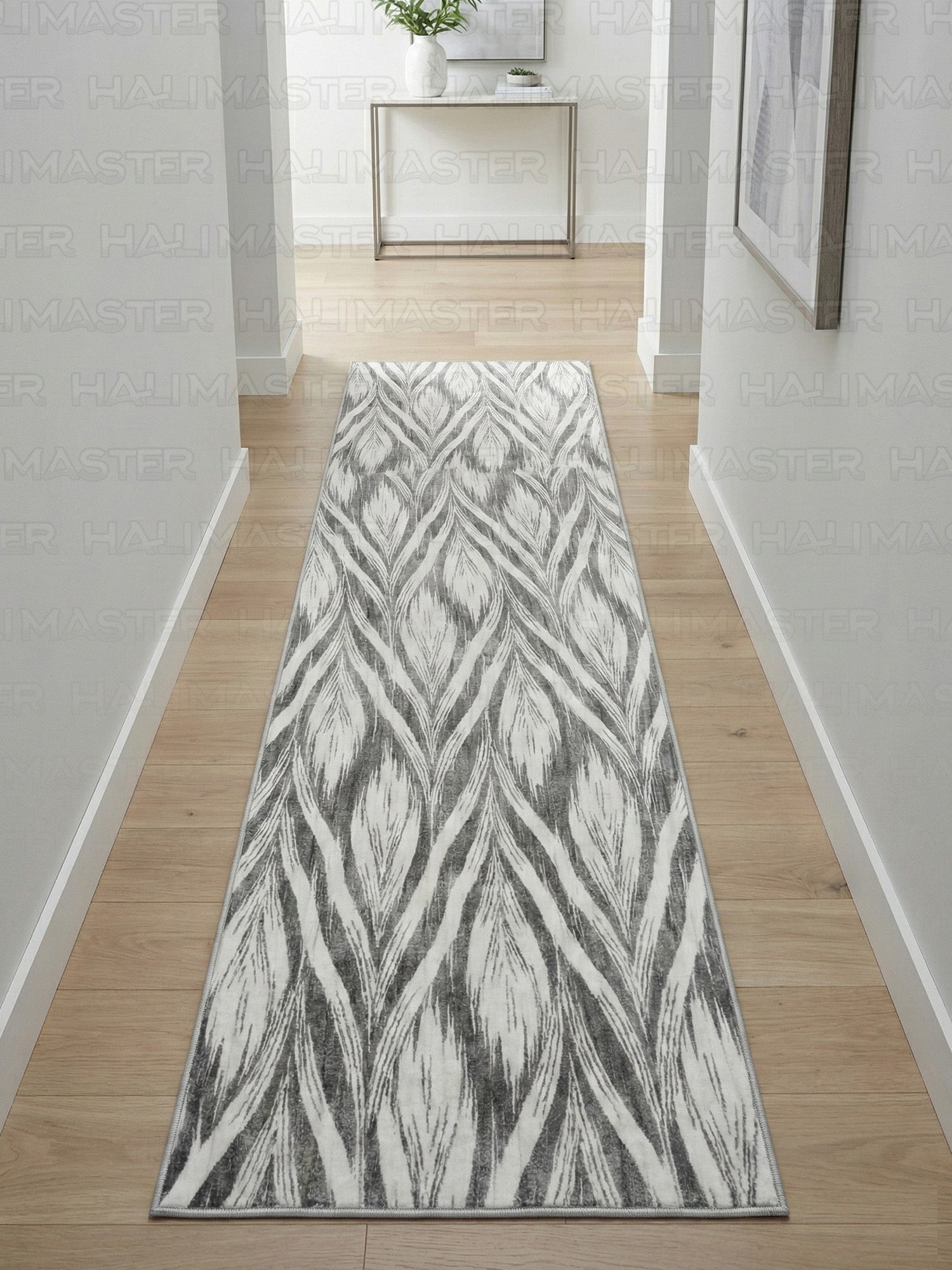 Dinarsu Antrasit Gri Modern Yaprak Desenli Kaymaz Taban Halı - Özel Ölçü