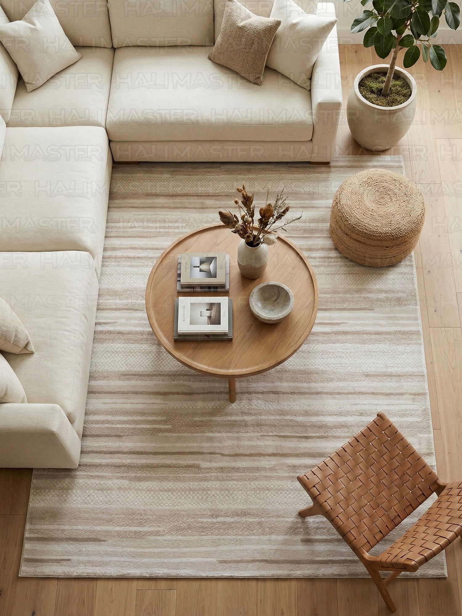 Bambu Modern Bej Çizgili Dokuma Halı – Kaymaz Tabanlı, Özel Ölçü Kesilebilir