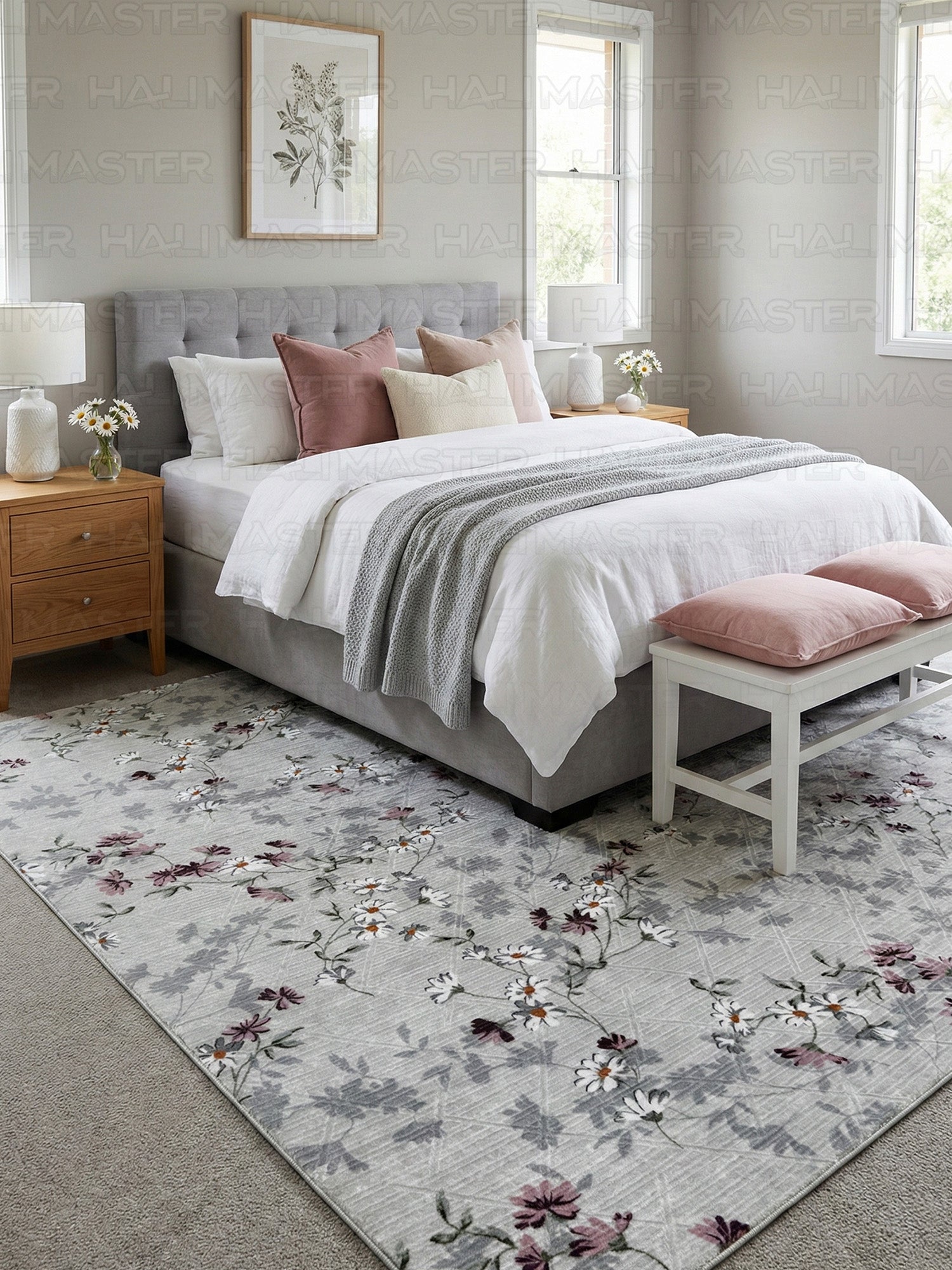 Gri Zeminli Papatya Desenli Modern Salon Halısı - 4m² (160x230) Mürdüm ve Beyaz Çiçekli Detaylı