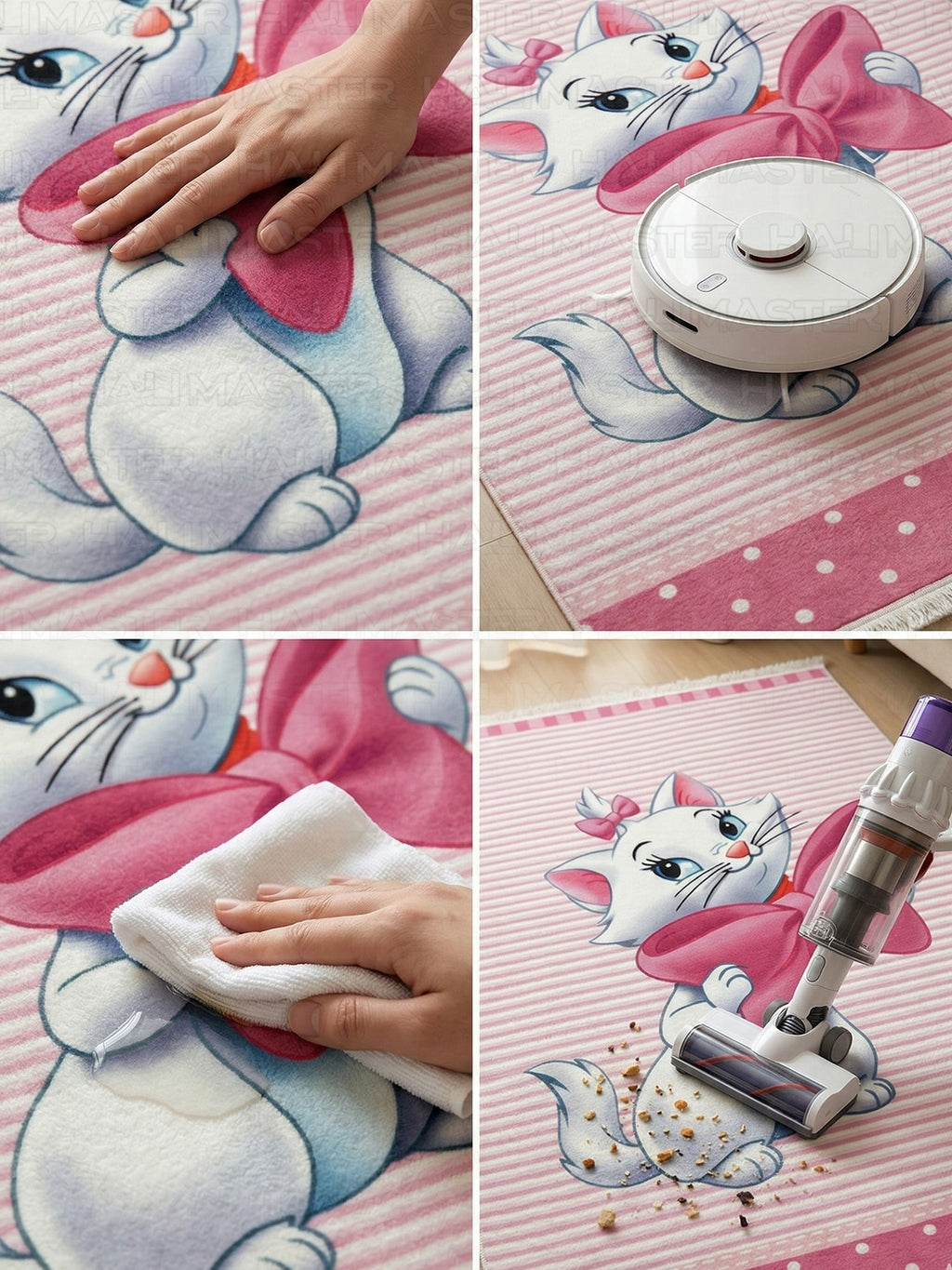 Marie Kedi Karakterli Pembe Çizgili Çocuk ve Bebek Odası Halısı - Kaymaz Taban