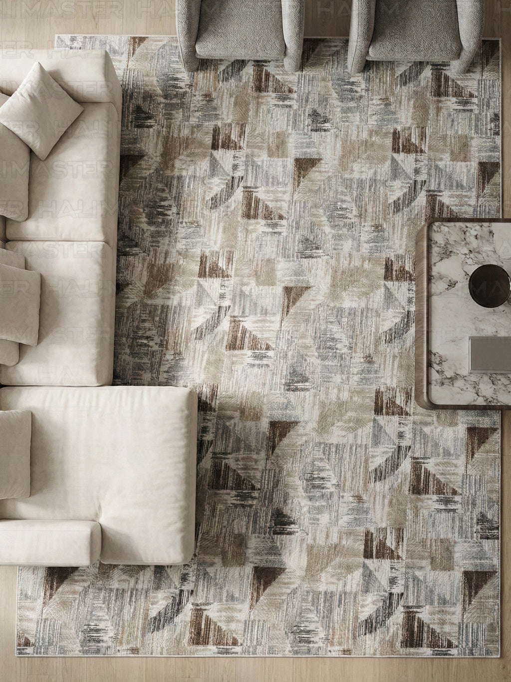 Dinarsu Soyut Üçgen Desenli İskandinav Tarzı Bej Antrasit Halı - Kaymaz Taban Özel Ölçü