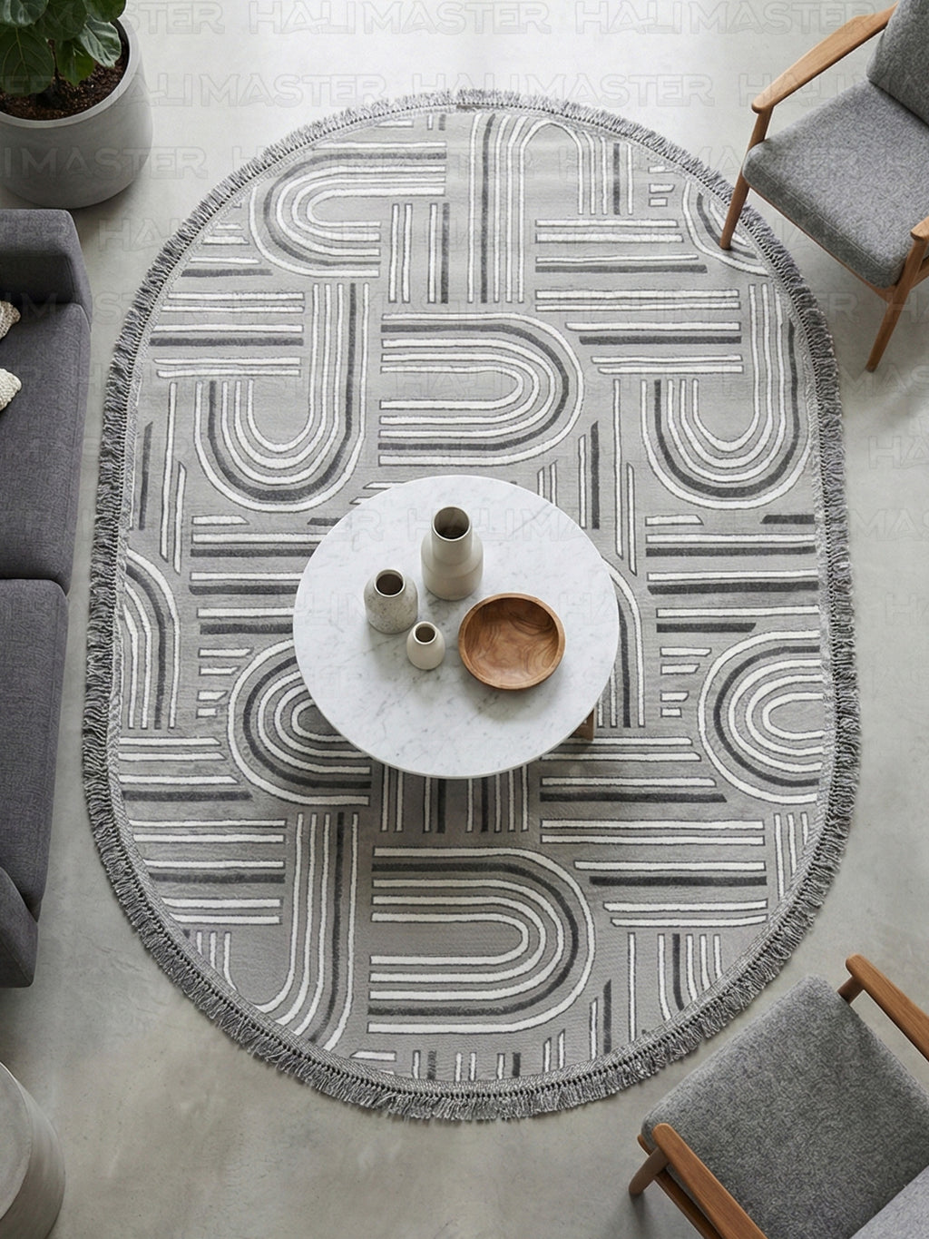 Premium Koleksiyon Geometrik Motifli Oval Halı - Gri Melanj Dokulu