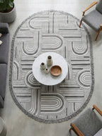 Premium Koleksiyon Geometrik Motifli Oval Halı - Gri Melanj Dokulu