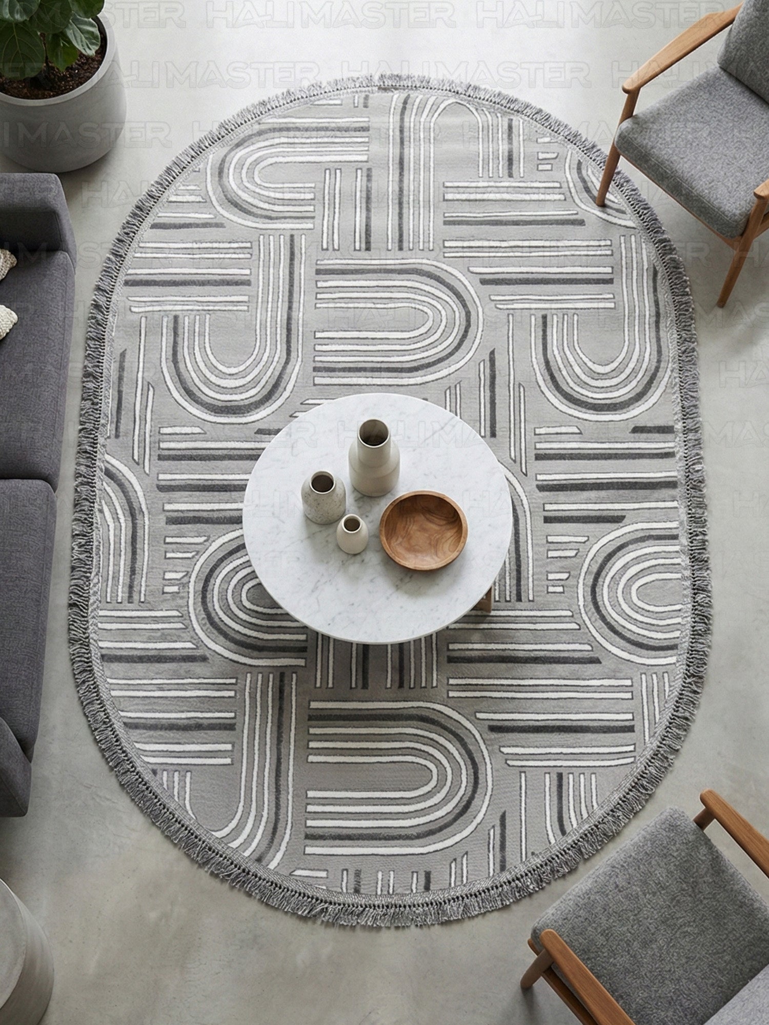 Premium Koleksiyon Geometrik Motifli Oval Halı - Gri Melanj Dokulu