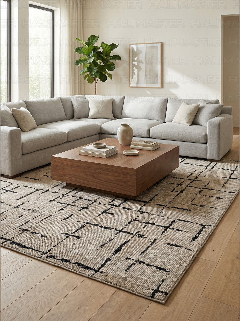 Kilim Siyah Çizgili Modern Açık Kahve Bej - Salon Halısı ve Yolluk Özel Ölçü