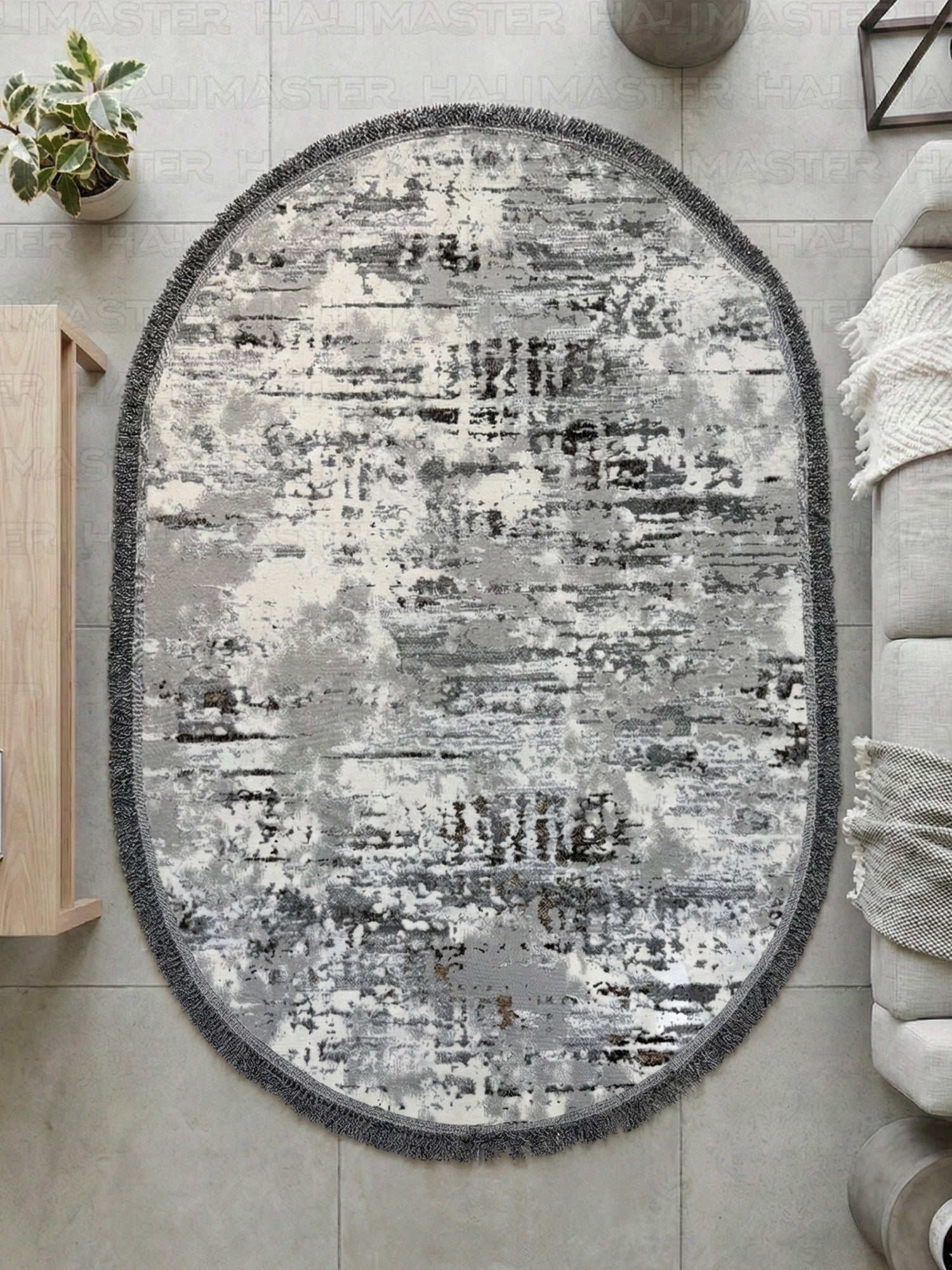 İskandinav Tarzı Etnik Desenli Antrasit Gri Oval Halı