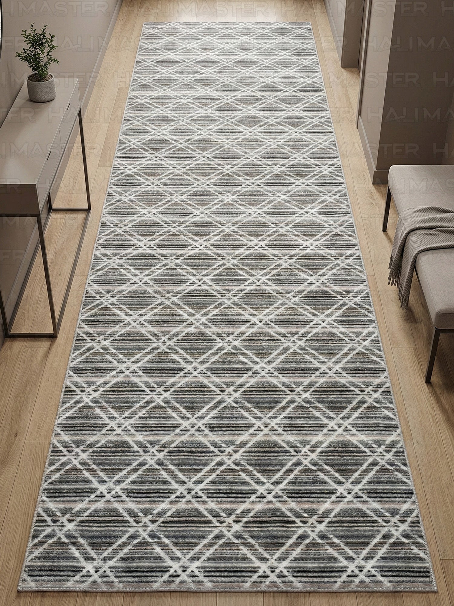 Bambu Minimal Geometrik Desen Gri Tonlu Kaymaz Taban Özel Ölçü Halı