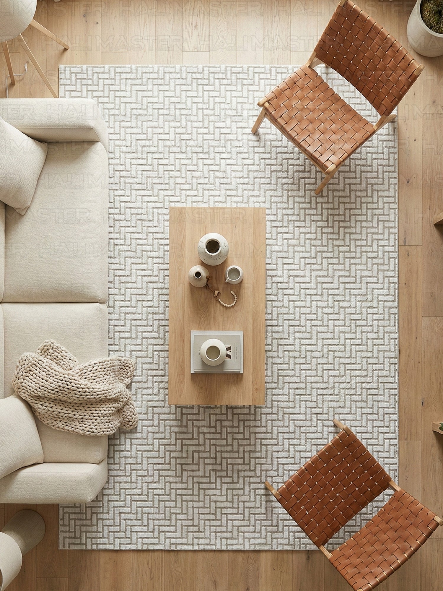 Bohem Tarz Sepet Örgü Desenli Salon Halısı - Kahve Krem 4m2 (160x230)