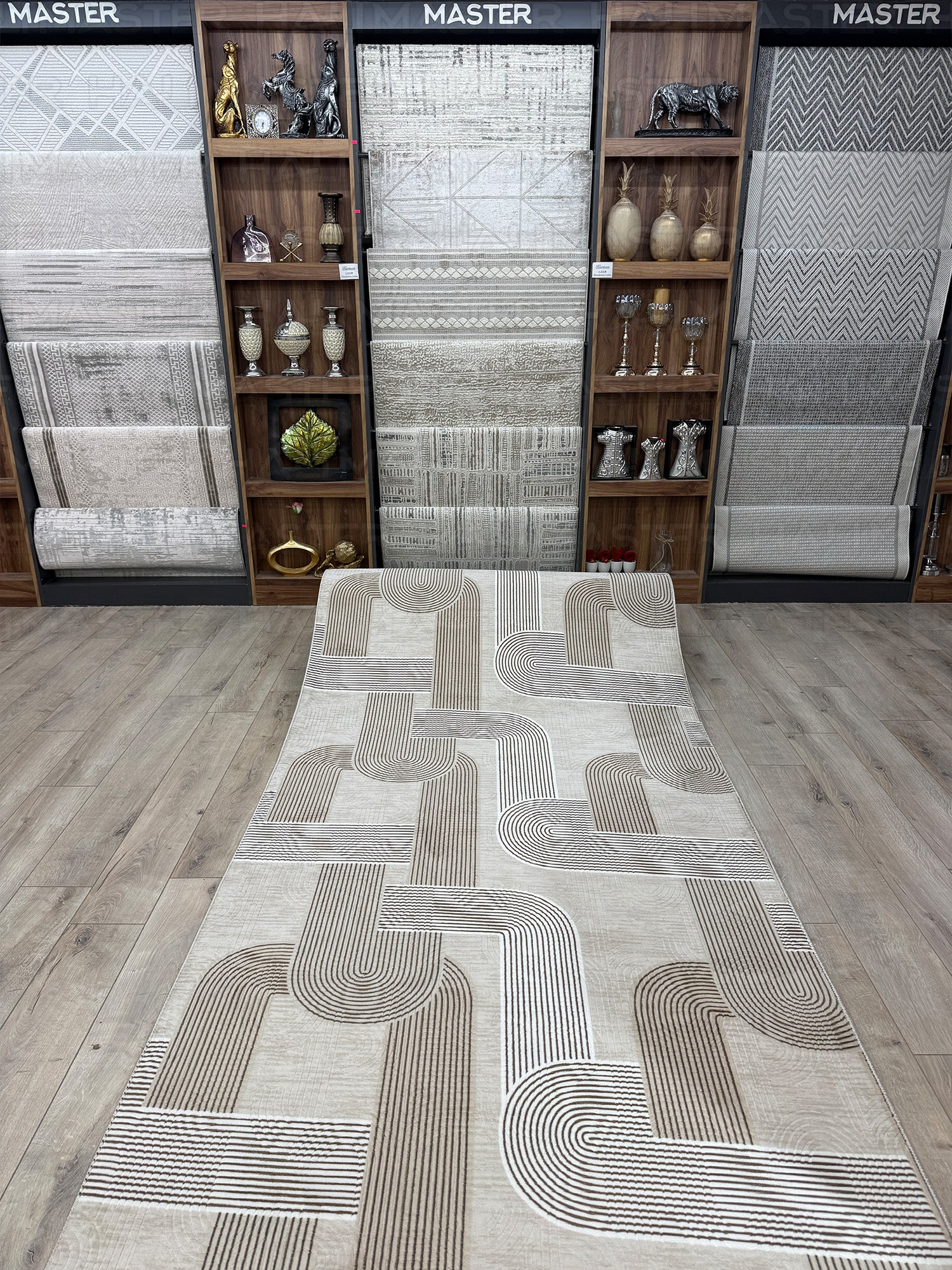 Jel Modern Geometrik Desenli Özel Ölçü Kesme Halı - Bej & Gri