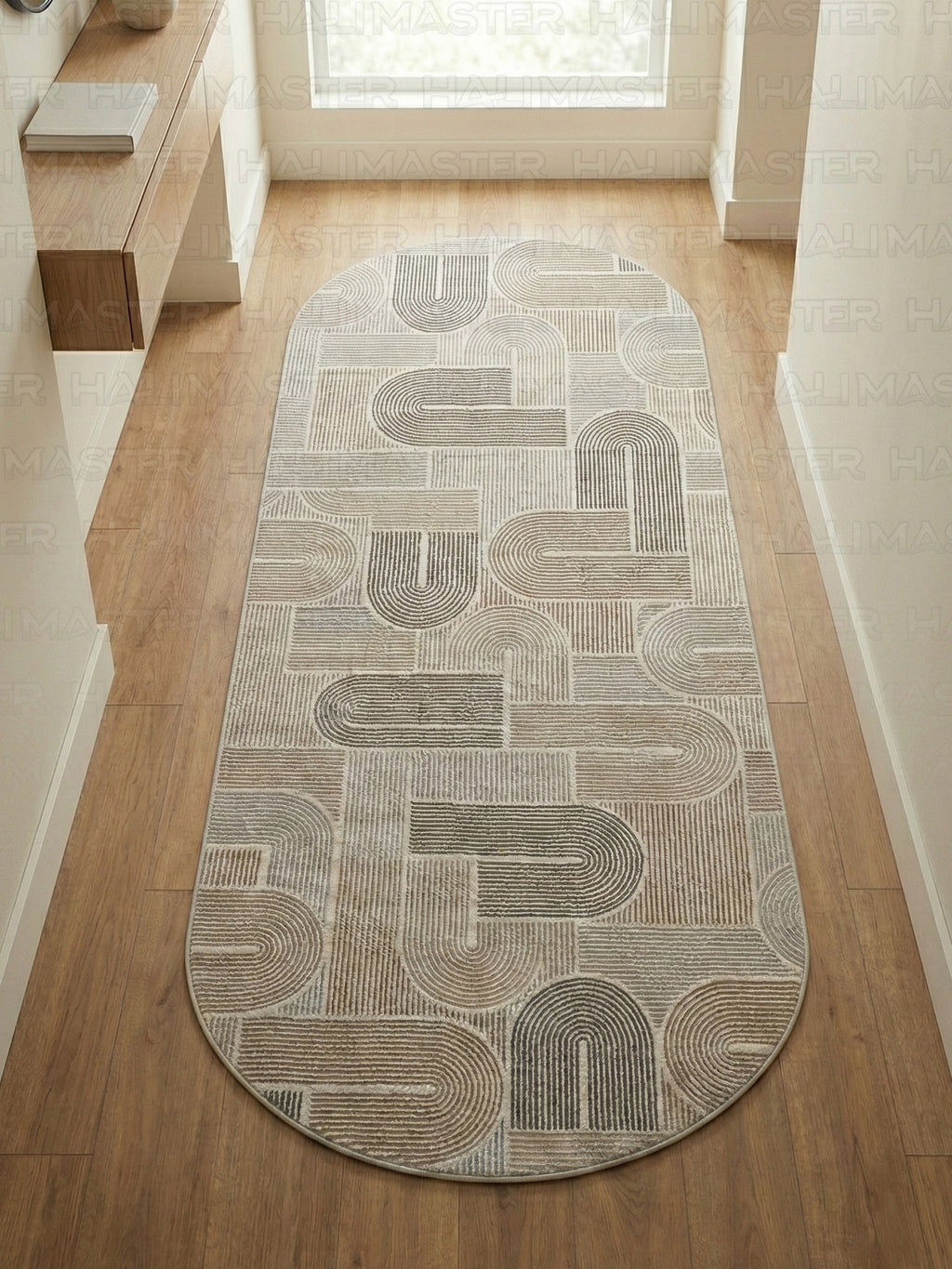 Dinarsu Minimalist U-Line Desenli Kahve - Bej  Vizon Kaymaz Taban Modern Halı